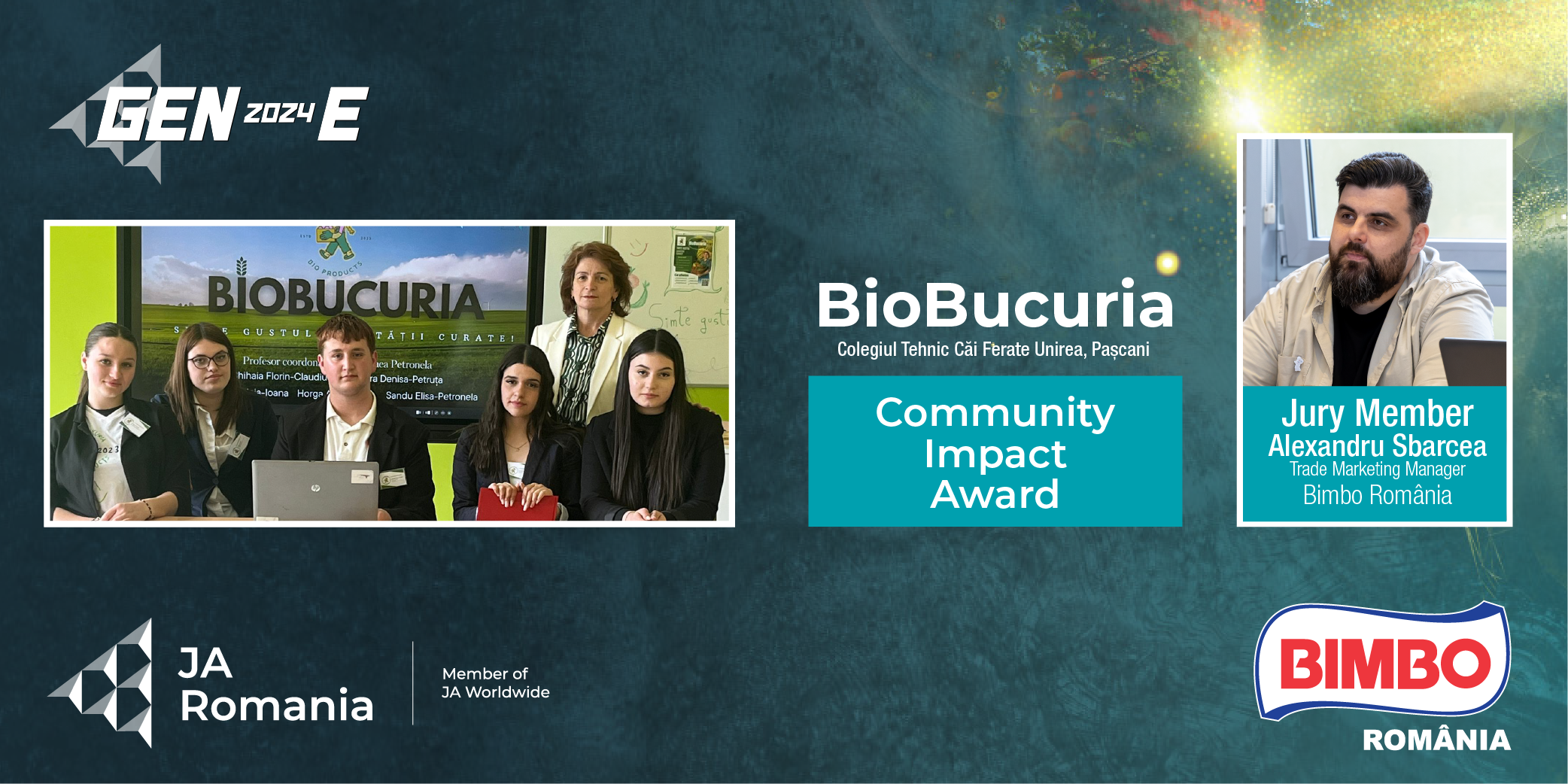 COMMUNITY IMPACT AWARD – SUSȚINUT DE BIMBO ROMÂNIA ACORDAT ECHIPEI BIOBUCURIA – COLEGIUL TEHNIC CĂI FERATE UNIREA, PAȘCANI, PROF. COORD. PETRONELA GRIGOROAEA